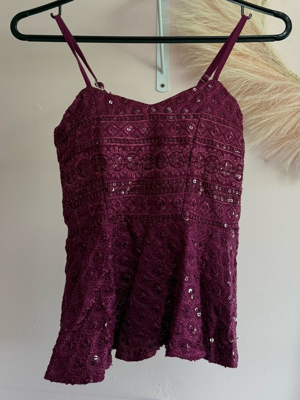 Lace & Sequin Fairycore Peplum Style Adjustable Burgundy Camisole / Tank Top